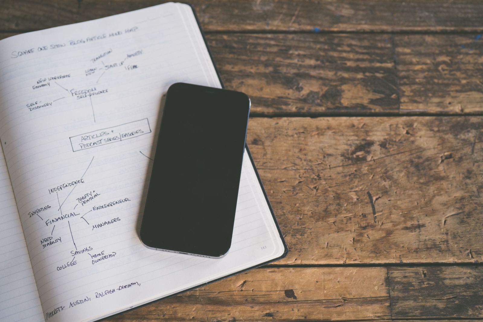 A phone resting beside an open notebook on a warm timber surface in natural light.